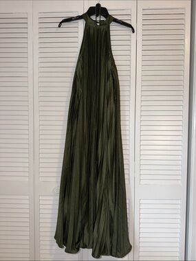 Halter Pleated Maxi Dress in Olive Green